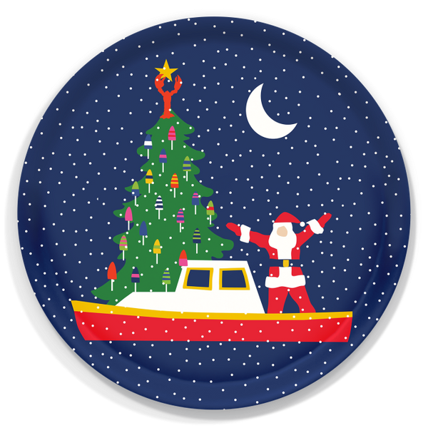 Santa Boat Large Round Wooden Tray